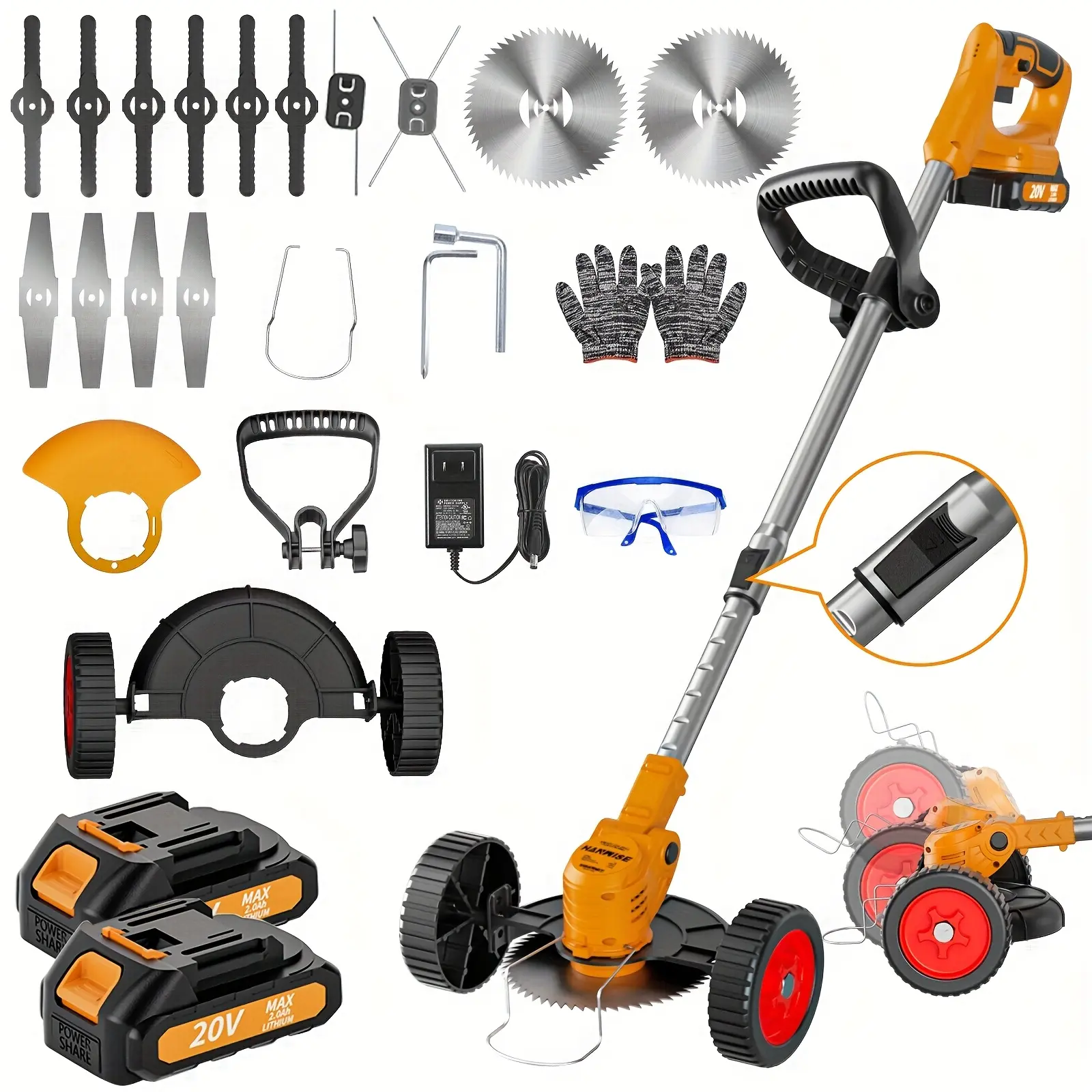 Cordless Lawn Mower and Lawn Trimmer, Wheel Lawn Trimmer, Equipped with Cutting Blades, Cutting Lines, Gloves, and Goggles - Heavy duty Metal Courtyard Lawn Mower/Trimmer, Suitable for Gardens and Courtyards (Including Battery and Tool Set)