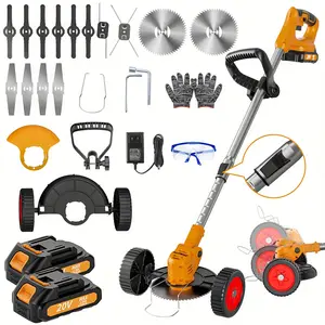 HANWISE Cordless Lawn Mower and Lawn Trimmer, 5-in-1 Wheel Lawn Trimmer, Equipped with Cutting Blades, Cutting Lines, Gloves, and Goggles - Heavy duty Metal Courtyard Lawn Mower/Trimmer, Suitable for Gardens and Courtyards (Including Battery and Tool Set)