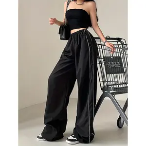 [Loose Elastic Waist Drawstring Pants] Contrast Trim Drawstring Pants, Casual Loose Elastic Waist Pants For Spring & Fall, Women's Clothing