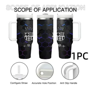 1pc Barcelona Logo Honeycomb Stainless Steel Car Cup, Non-Slip Handle, Large Capacity Water Bottle, Football Theme, 40oz Insulated Cup with Straw