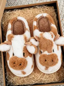 Cartoon Cow Slippers for Women Girls Cotton Animal Fuzzy Slippers Slip-On Cute Fluffy Cow Slides Boys Mens Warm Plush House Slippers for Winter
