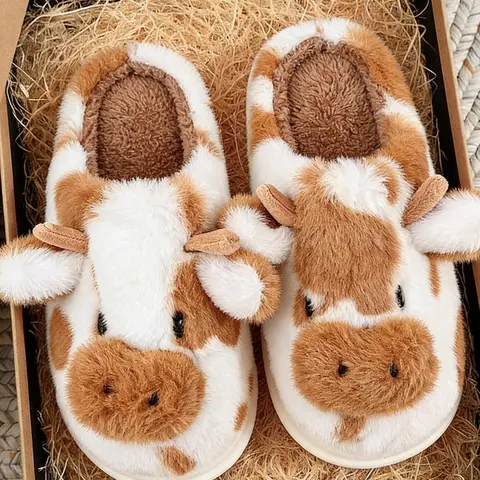 Women's Cute Cartoon Cow Ankle Slippers - Cotton Cozy and Fuzzy Easy Wear Slip-On, Character-Based Fashion Women's Shoes, Warm Plush House Shoes for Winter
