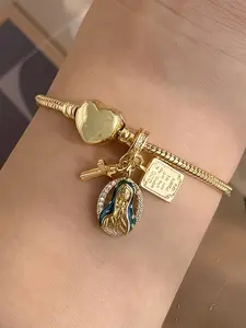 Fashion Cross Saint Mary Pendant Heart Bracelet, Unique Design Women's Daily Wear Creative Gift Bracelet, Stylish and Versatile Jewelry, Heart Shaped Bracelet