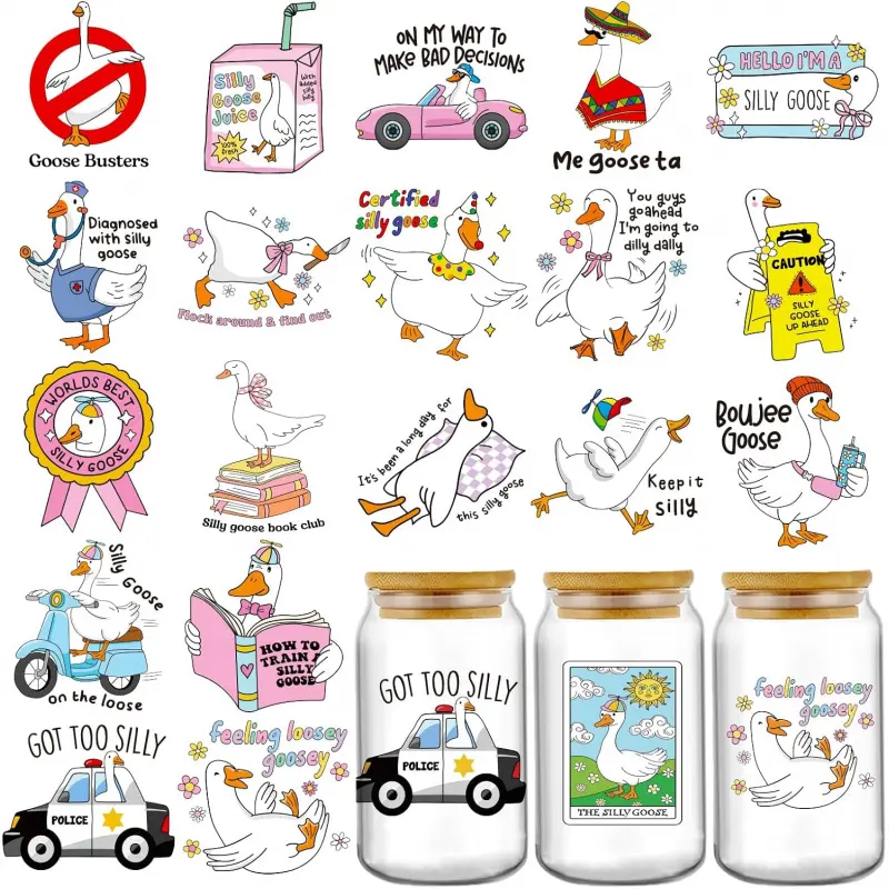 Funny Goose UV DTF Decals - 20 Sheets White Sllly Goose UV DTF Cup Wraps for 16 oz Tumbler, Got Too Silly Fun Waterproof Sublimation Transfer Stickers for Water Bottle Coffee Mug Journal Decoration