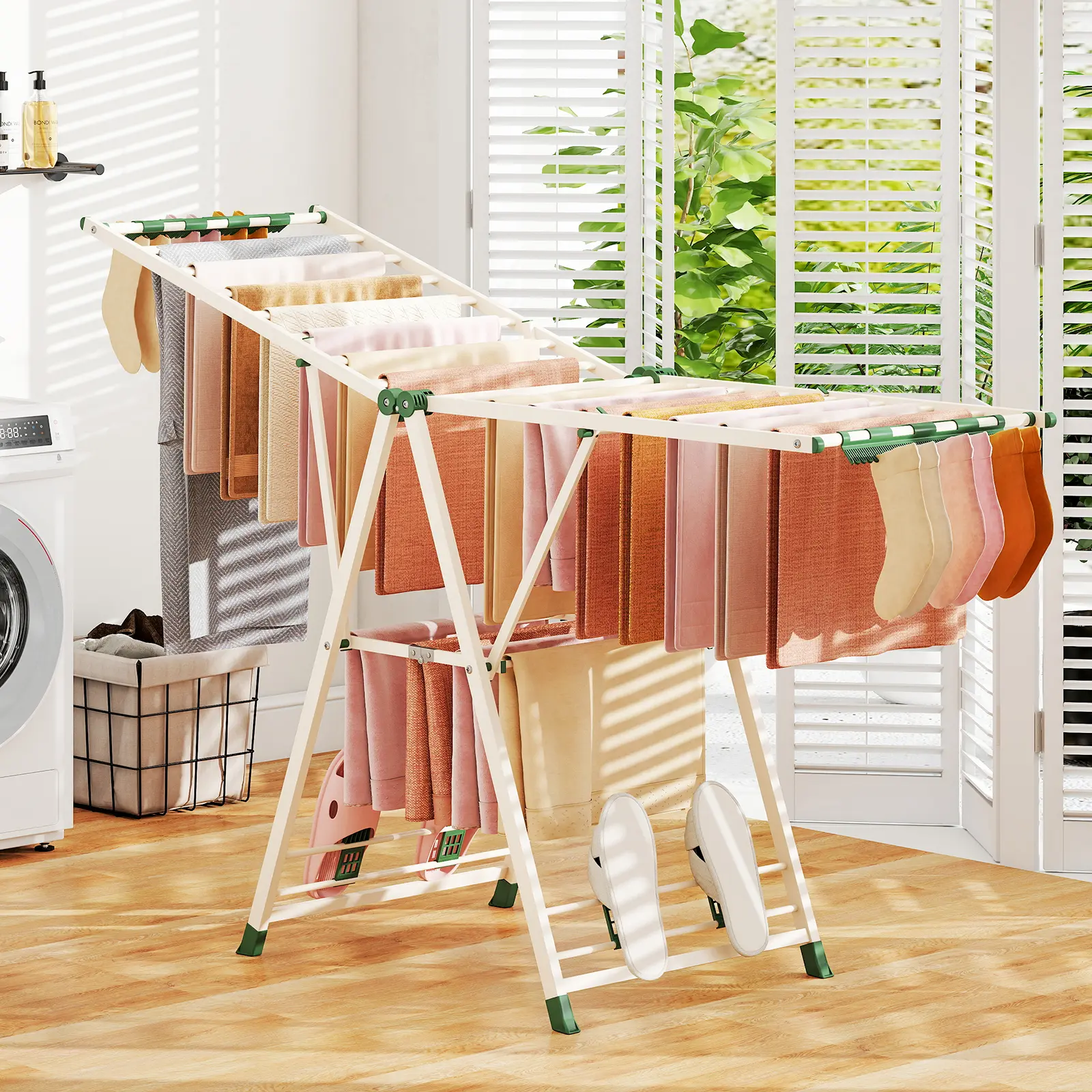 COSTWAY - 72.5 Inches Clothes Drying Rack with Height Adjustable Wings-Beige