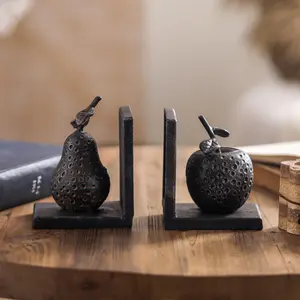 Retro Antique Cast Iron Bookends with Zen Fruit Design, Decorative Iron Art Book Stand for Shelf and Home Decor