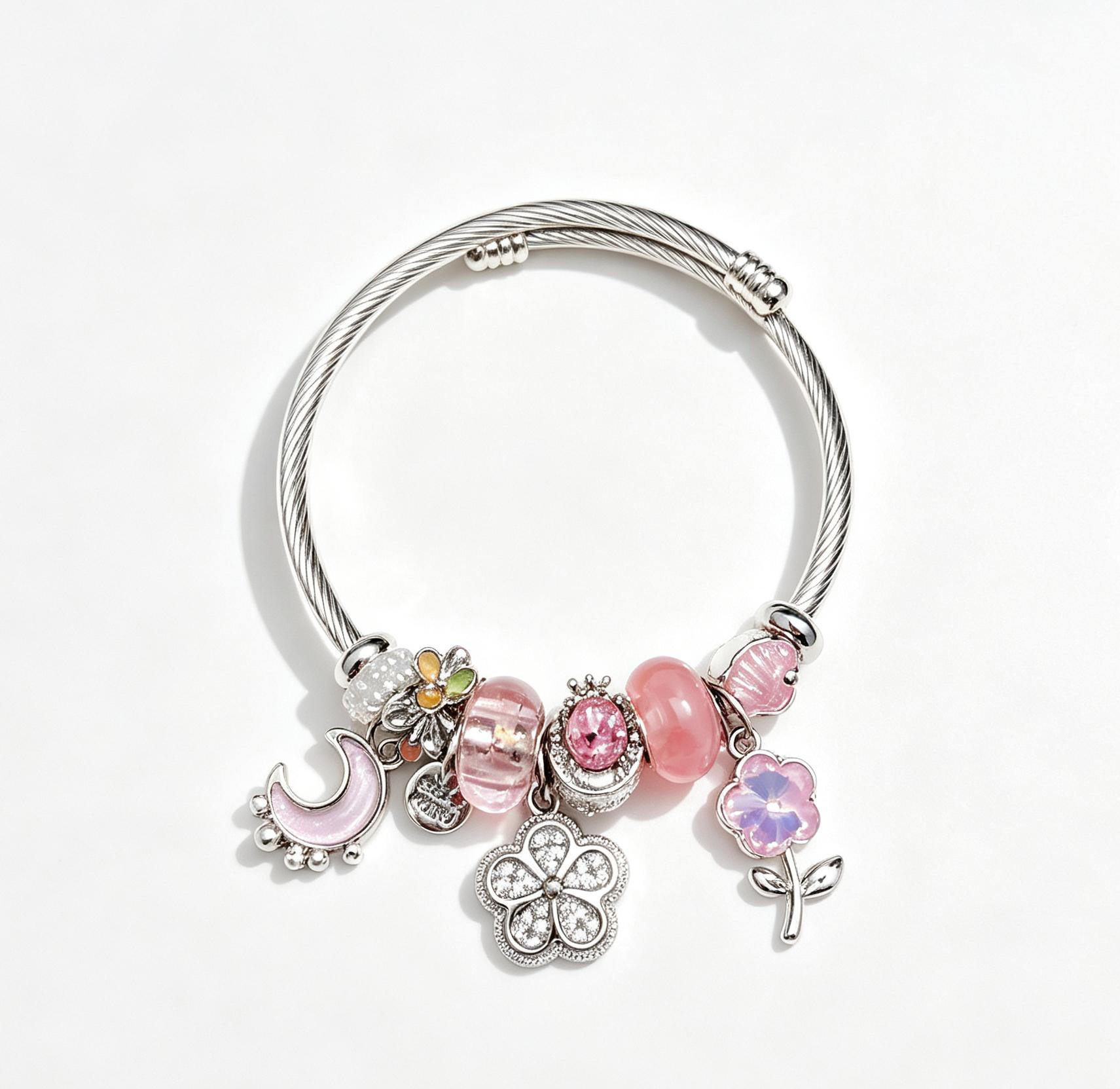 Pink Charm Bangle Bracelet for Women, Adjustable Silver Twisted Cable Wire Cuff with Moon, Clover, Flower Enamel Rhinestone Charms, Transparent Pink Murano Glass Beads Stackable Jewelry Gift for Teen Girls