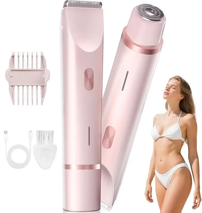 Women's 2-in-1 Dual-Head Stainless Steel Trimmer and Shaver, Rechargeable Cordless USB Charged Tool, IPX7 Wet/Dry Removable Bikini Trimmer, Gentle for Sensitive Skin Body Hair Trimming Bathroom Accessory (Pink)