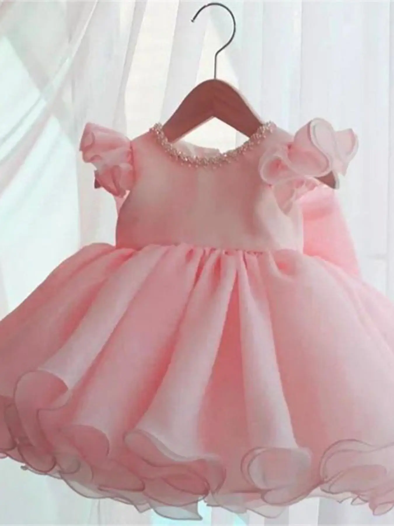 Toddler Girl's Contrast Sequin Bow Decor Mesh Dress, Elegant Round Neck A Line Dress for Party, Kids Clothes for All Seasons