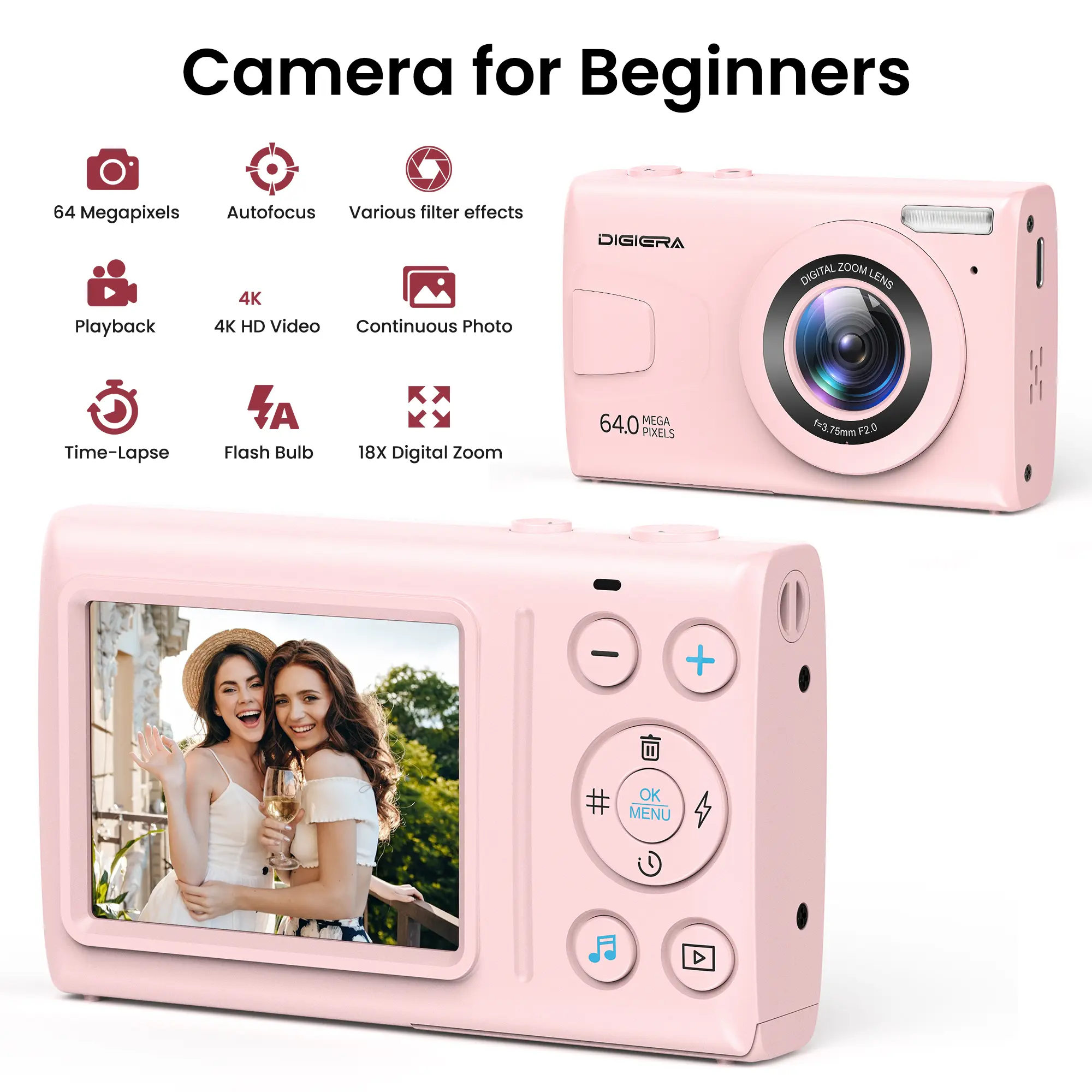 Digiera Compact Digital Camera,  Includes 64GB Card & Extra Batteries,Self Timer, Anti-Shake, 16X Digital Zoom– Pocket-Friendly Beginner Camera with Creative Modes