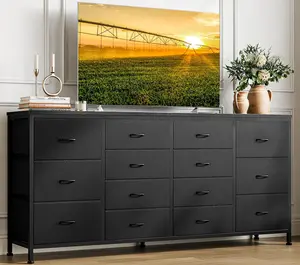 63" W Black Dresser TV Stand for 65 70 75 Inch TV, 14 Drawer for Bedroom with Power Outlets, Large Long Fabric Dresser Entertainment Center