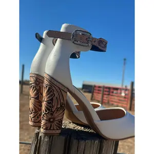 4 inch White Closed Toe Tooled Heels