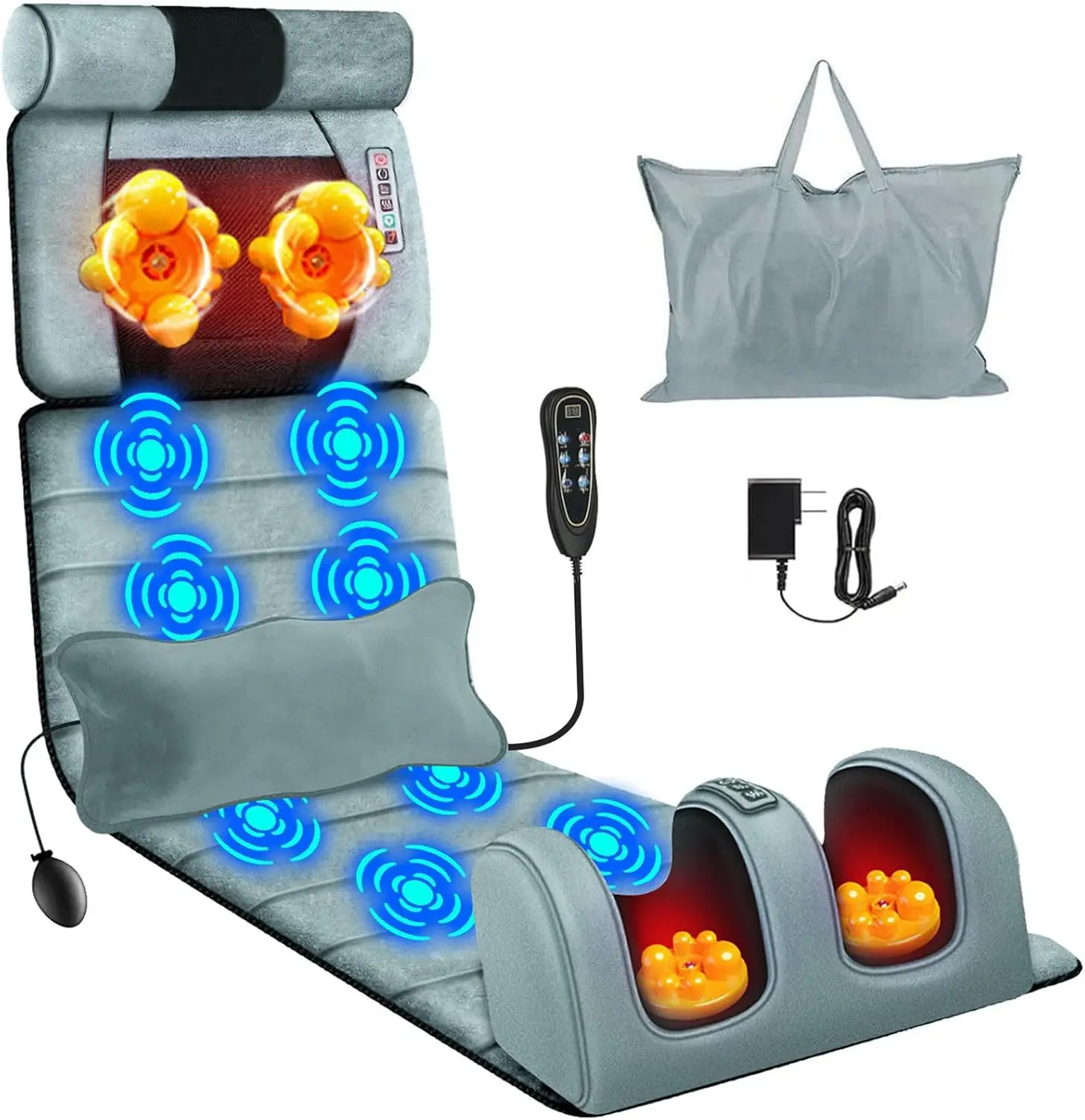 Full Body Massage Mat with Heat & Movable Shiatsu Neck Back Massager Pillow & Foot Massager, Massage Mattress Pad with Top Pillow & Lumbar Support, 10 Vibration Motors,9 Massage Modes & 3 Heating Pads