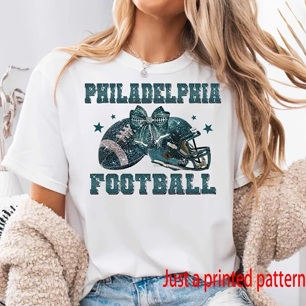 Printed pattern, Philadelphia Football Glitter Helmet Print, Women's T-Shirt, NFL Game Day Fan Apparel, Casual Sports Watching Party