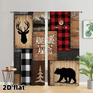 2D Flat 2Pcs Rustic Cabin Curtains Buffalo Plaid Bear Deer Pattern Window Drapes Mountain Adventure Awaits Wooden Patchwork Design Farmhouse Lodge Decor Living Room Bedroom Home Decoration Easy Installation