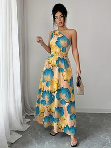 Chic Women's One Shoulder Maxi Dress Floral Print Sleeveless Boho Summer Vacation Resort Wear Tie Waist A-Line Elegant Party Evening Gown Asymmetrical Neckline Casual Beach Sundress Trendy Fashion Long Dresses for Ladies Wedding Guest Holiday Outfit