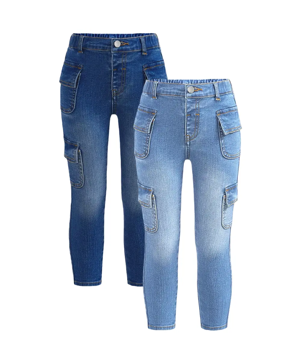 Girls' 2-Pack Cargo Skinny Jeans Bottoms, Stretchy Elastic Waist Polyester Multi-Pocket Cute Jeans with Zip, Kids Clothing Girls Ages 4-7 Back to School Casual Denim Jeggings, Girls Clothes