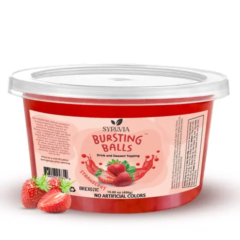 SYRUVIA Sweet Popping Boba Pearls, Strawberry, 1 LB. Bursting beverage & dessert topping for bubble tea and more. Strawberry-flavored tapioca pearls