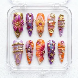 Luxury Floral 3D Gel Press On Nails Gold Charm Nail Set Purple Orange Gradient Nails Glam Nails