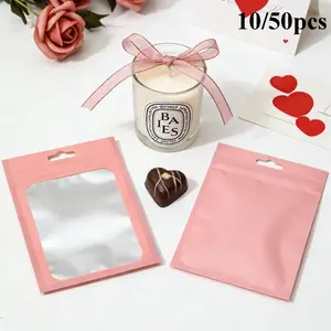 10/50pcs Gift Packaging Bag, Transparent Jewelry Accessory Display Bag, Reusable Zipper Holographic Packaging Bag, Hanging Hole Gift Bag