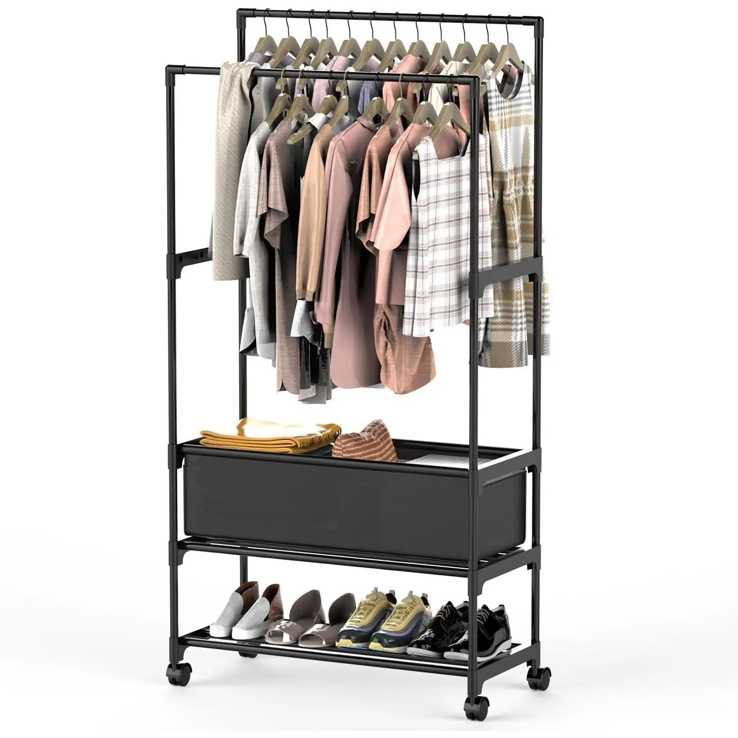 Double Rods Garment Rack with Storage Bag Lockable Wheels Height Adjustable Portable Closet-5432