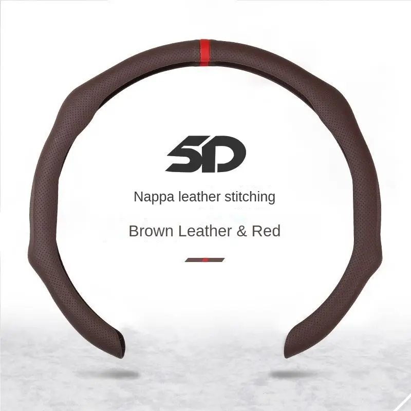 15 Inch 5D Nappa Leather Car Steering Wheel Cover with Built-in Inserts, Ultra-Thin, Breathable Sweat-Wicking, Anti-Slip Wear Resistant with Positioning Stripes, All-Season Comfort Grip, Fits Most Cars