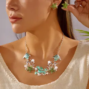 Tropical Ocean Jewelry Set For Women Green Enamel Seahorse Pearl Fish Starfish Coral Necklace Stud Earrings Vacation Accessories