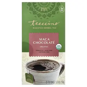 Teeccino Organic Roasted Herbal Tea, Maca Chocolate, Caffeine Free, 25 Tea Bags, 5.3 oz (150 g)
