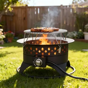 20" Outdoor Fire Pit with Grill, 60000 BTU  Firepit, External  Required, Foldable Cooking Grate, Adjustable Flame, Patio Camping BBQ
