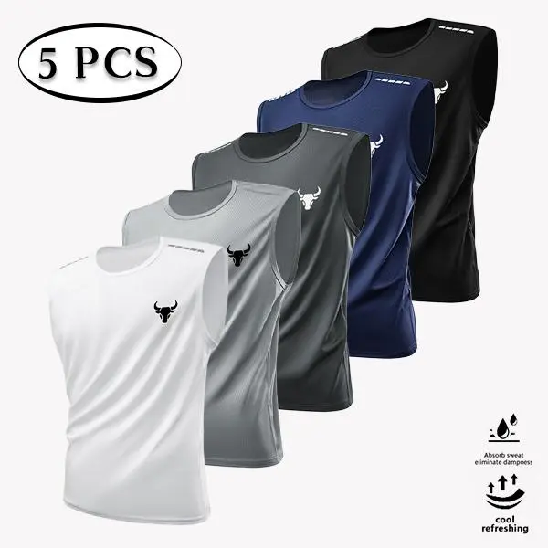 Men’s summer 5-pack mesh quick-dry sports tank tops, bull print sleeveless fitness T-shirts, suitable for basketball training, running workouts, and casual summer home wear.