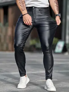 Men's Black Faux Leather Slim Pants, Casual Fitted Bottoms, Casual Skinny Pants, Fashionable and Unique, Easily Create a Trendy Look!