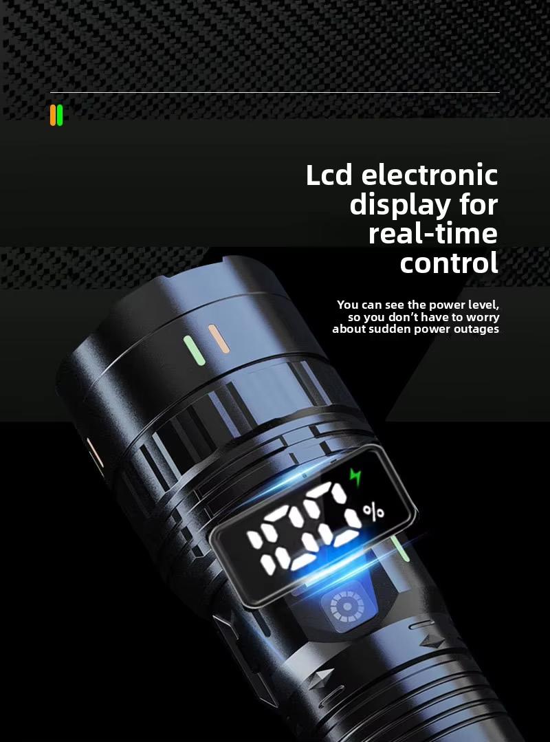 LED Flashlight,Digital display of power, Rechargeable，Zoomable, hurricanes Rechargeable LED battery powered, with 5 lighting modes summervibes