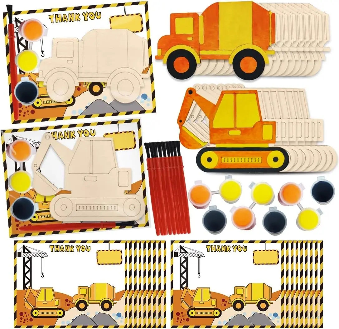 Construction Party Favors 24 Pcs Construction Birthday Party Supplies Construction Cards with Wooden Painting Crafts Bulk Construction Party Decorations