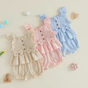 Babamoon Kids Toddler Baby Girls Summer Outfits Set Cute Bow Flying Sleeves Button Tops Shorts Set Cute Girl Clothes Set 3M-3Y