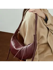 First layer cowhide croissant bag diagonal span dumpling bag new leather niche single shoulder practical commuting solid color soft leather women's bag