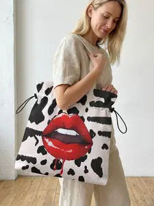 Lips Pattern 2D Printed Drawstring Tote Bag, Large Capacity Shopping Bag, Durable and Wear-Resistant, Casual Style for Work/promenade/lunch