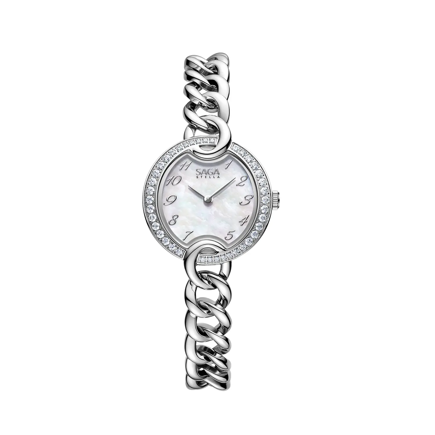 SAGA Chain Women's Luxury Watch - MOP Dial, 40 Danube Crystals, Swiss Ronda Quartz Movement, 30M Water Resistant, 316L Stainless Steel Strap
