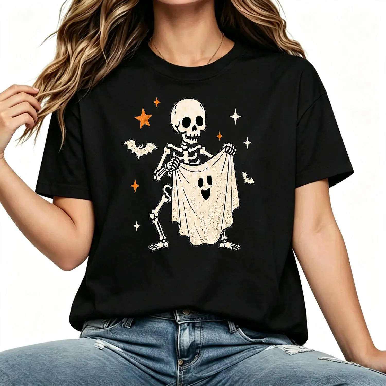 Womens Cute Skeleton Ghost T Shirt Funny Halloween Skeleton Tee Spooky Season Graphic Retro Halloween Shirt Casual Lightweight Summer Tee Top