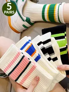 Women's 5 Pairs Contrast Stripes Print Crew Socks, Casual Striped Sportswear Moisture Wicking Socks, Soft Comfy Breathable Socks for All Seasons Daily Wear
