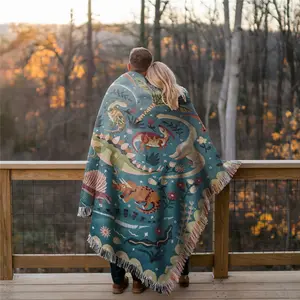 Multi Purpose Yarn Woven Outdoor Camping Blanket with Fringe - Dinosaur Pattern, Thick Breathable, Colorfast, Use for Garden, Hiking,Travel, Lawns, or Concerts. As Home Decor, Use for Throw Blanket, Sofa Towel, Tablecloth, Tapestry, Office Nap