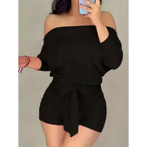 Off-Shoulder Tie-Front Romper, Casual Romper Jumpsuit for Spring & Summer, Women’s Clothing Overalls, Womenswear