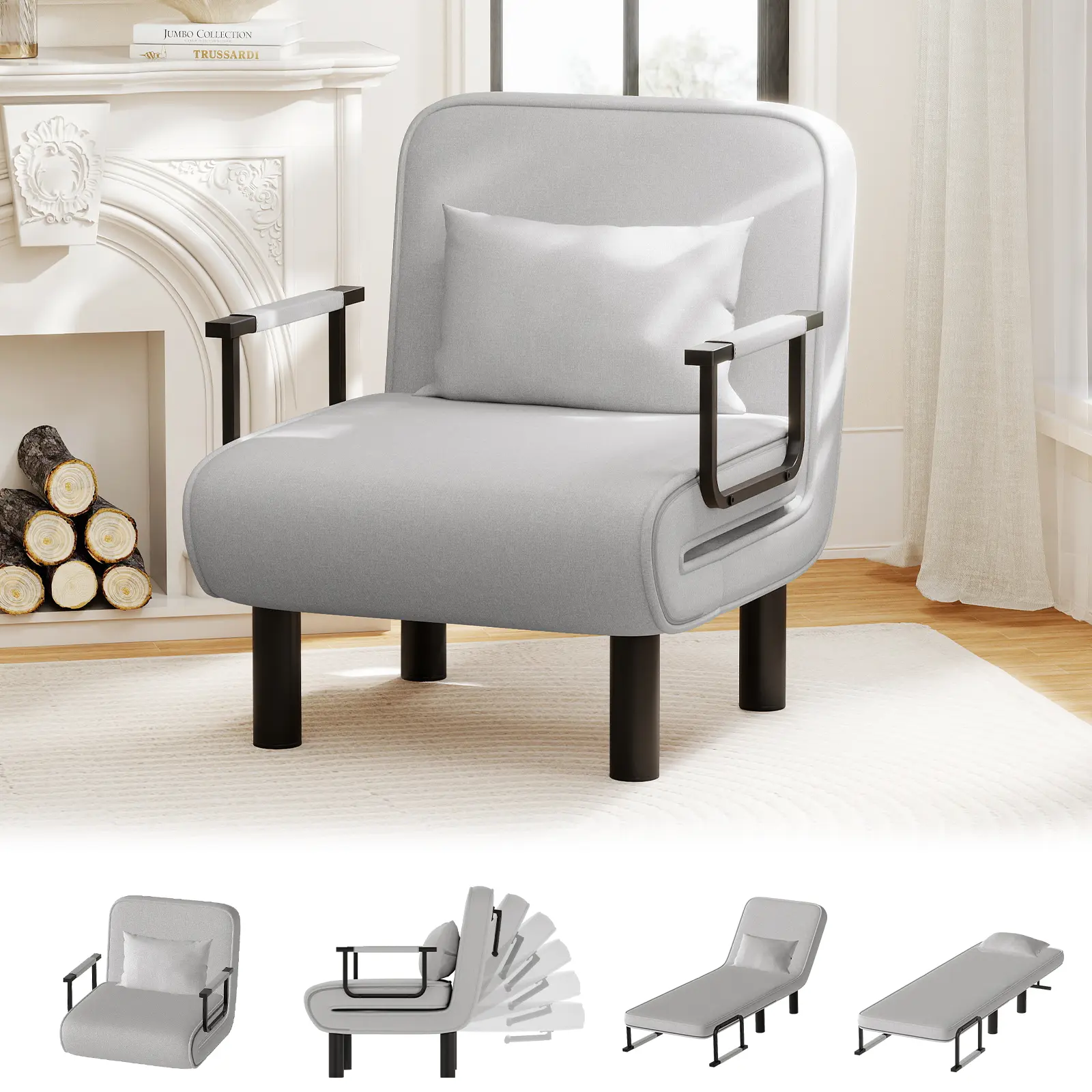 2-in-1 Folding Chair Bed, Linen-Fabric Multifunctional Lounge Chair, 6-Position Adjustable Backrest, Suitable for Living Rooms and Bedrooms