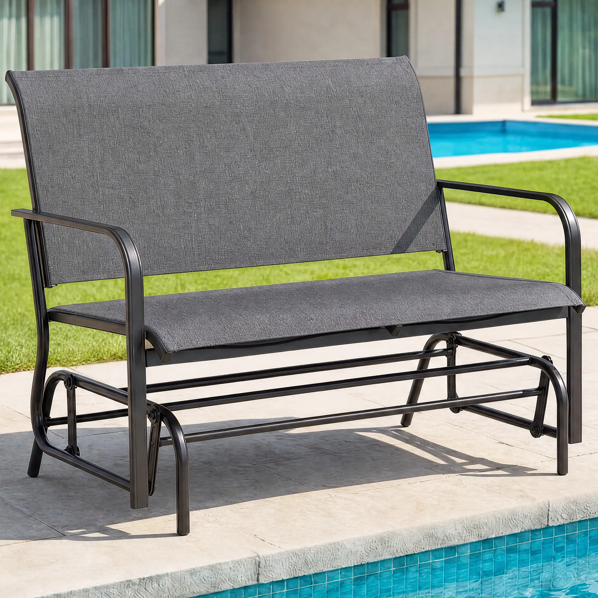 Walsunny 41in Patio Swing Glider Steel Bench, Outdoor Loveseat Rocker Chair for Deck, Porch w/Textilene Fabric, Steel Frame - Gr