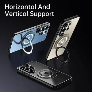Metal Rotating Magnetic Bracket Phone Case for Samsung Galaxy S24 Plus S23 S25 Ultra Frosted Back Full Lens Protect Cover Cases