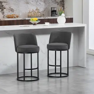 25" H Counter Height Bar Stools Set of 2, Modern Barrel Counter Stools with Backrest, Linen Fabric Upholstered Accent Barstools for Kitchen Island, Support 350 LBS (Grey)