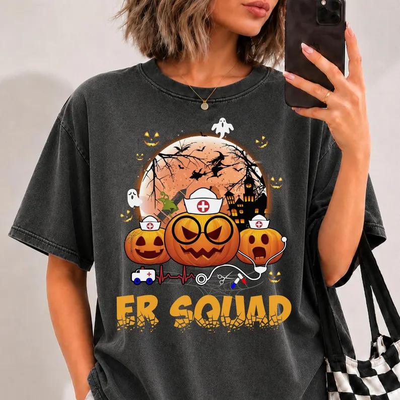 Women's Plus Size Pure Cotton Crew Neck Short Sleeve Oversized Nurse Graphic T-Shirt - ER Squad, Halloween Pumpkin Fall Emergency Room Tee, Nurse Graphic Women's T-Shirts