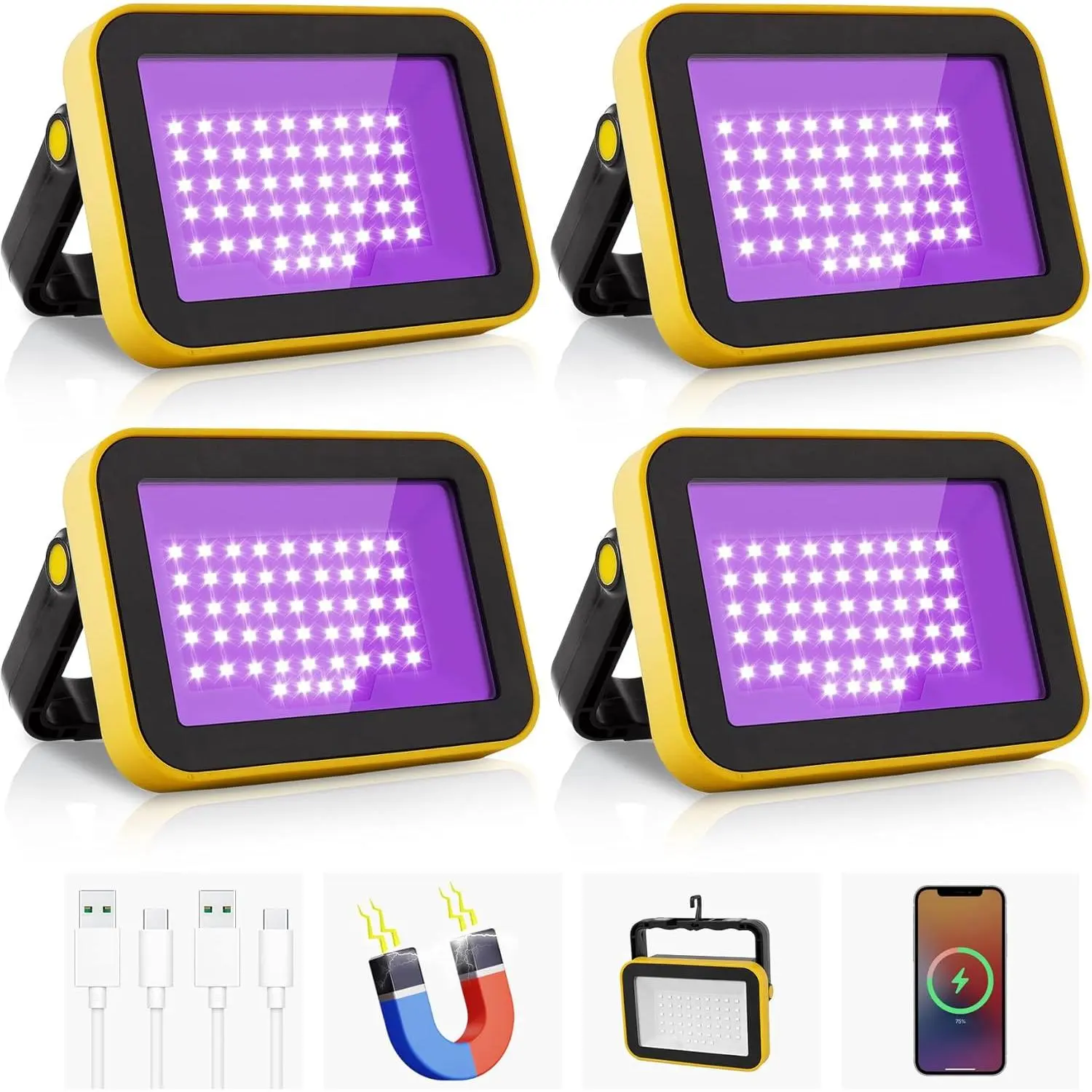 Rechargeable LED Black Light,   Portable Blacklight, 400nm LED Flood Light Black Lights, Neon Glow Party, Blacklight Catfishing, Halloween, Glow in The Dark Decoration 4 Pack