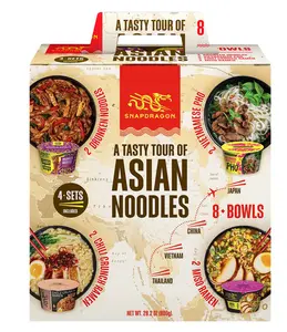 Snapdragon Asian Noodle Tour Variety Pack - 8 Bowl Sampler Box with 4 Pairs of Chopsticks Included | Vietnamese Pho, Thai Drunken Noodles, Japanese Miso Ramen, & China Chili Crunch | Authentic Quick Meals 28.2oz Case