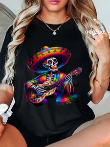 100% Cotton Unisex Funny Cinco of Mayo Skeleton Skull Fiesta Sombreros Guitar T-Shirt