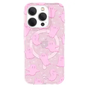 Velvet Caviar Ghosted Pink Glitter iPhone Case with Friendly Ghosts & Cute Silver Glitter